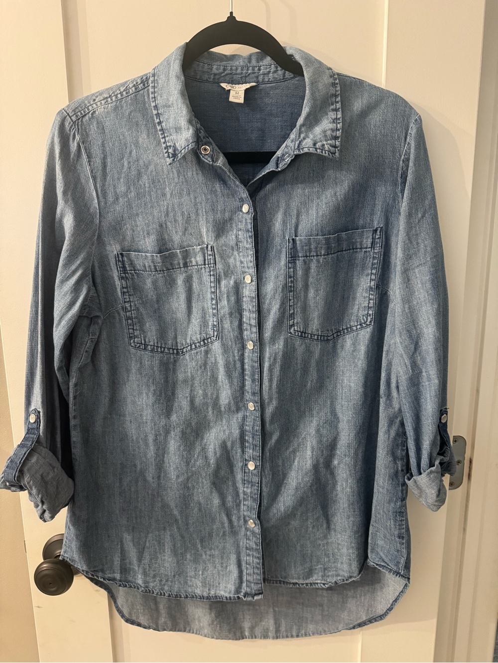 Cato Chambray Button Down Shirt Medium Pearl Snap Roll Tab